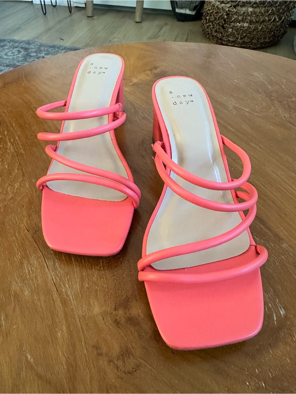 A New Day Neon Coral Strappy Square-Toe Mule Heels